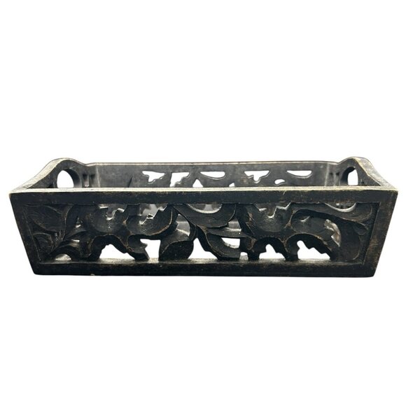 Black Carved Weathered Wood Box Tray Open work Handles Leaves Vine 12 x 8 x 3" - Picture 5 of 11